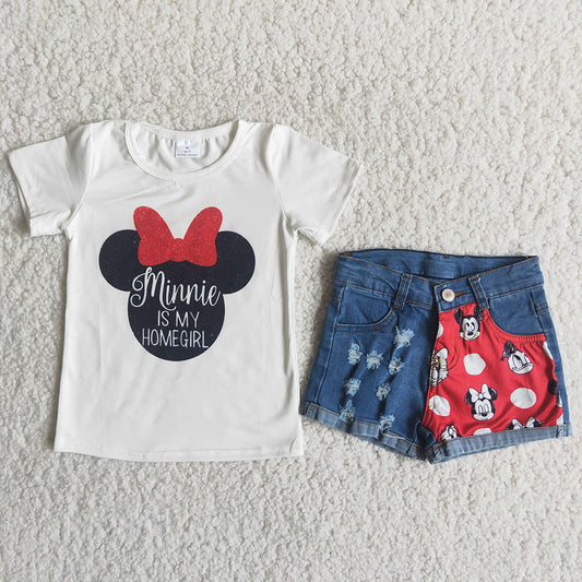 Baby Girls cartoon mouse denim shorts summer sets