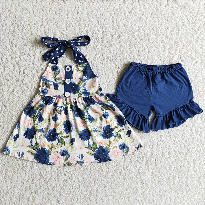 Baby girls navy floral halter summer shorts sets