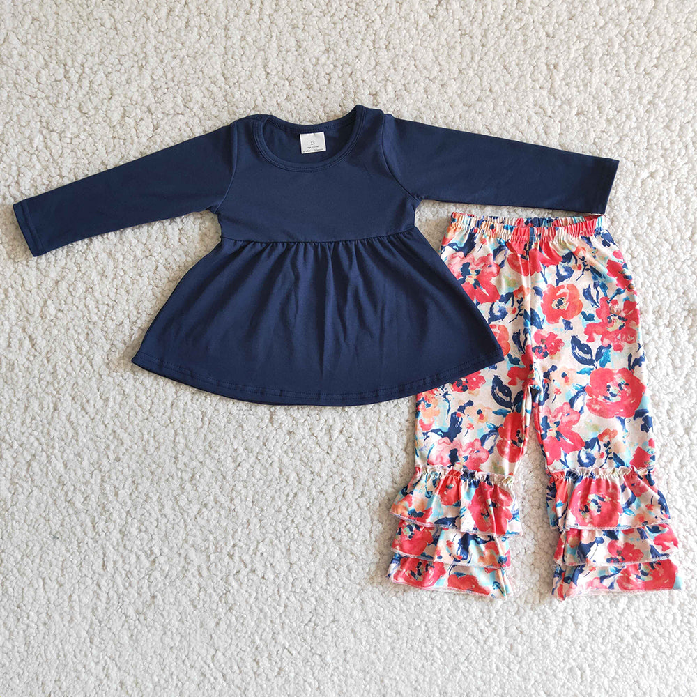 Navy tunic floral ruffle pants sets
