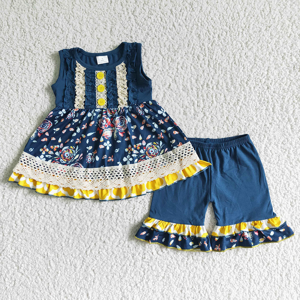Baby girls navy flower sleeveless tunic ruffle shorts clothes sets