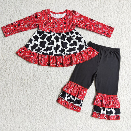 Baby Girls paisley cow print ruffle pants clothes sets