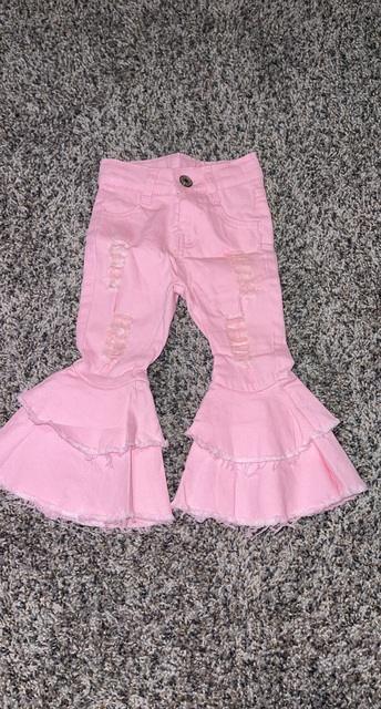 Baby girls boutique light pink double ruffle denim pants jeans