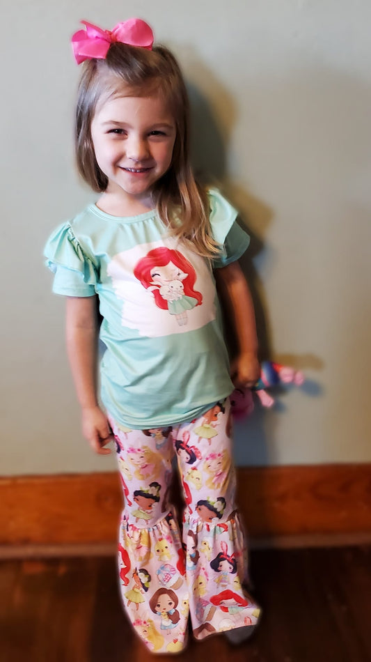 Mermaid princess girls flutter sleeve top bell pants sets