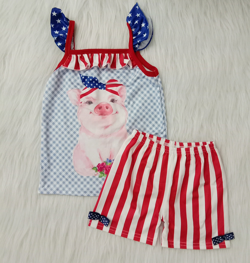 4th of July girls pig shorts sets