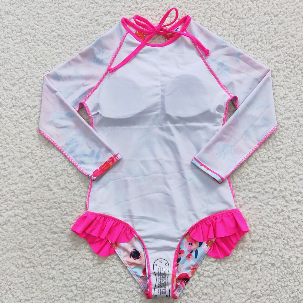 Baby Girls Pink Flowers Long Sleeve One Pieces Swimsuits