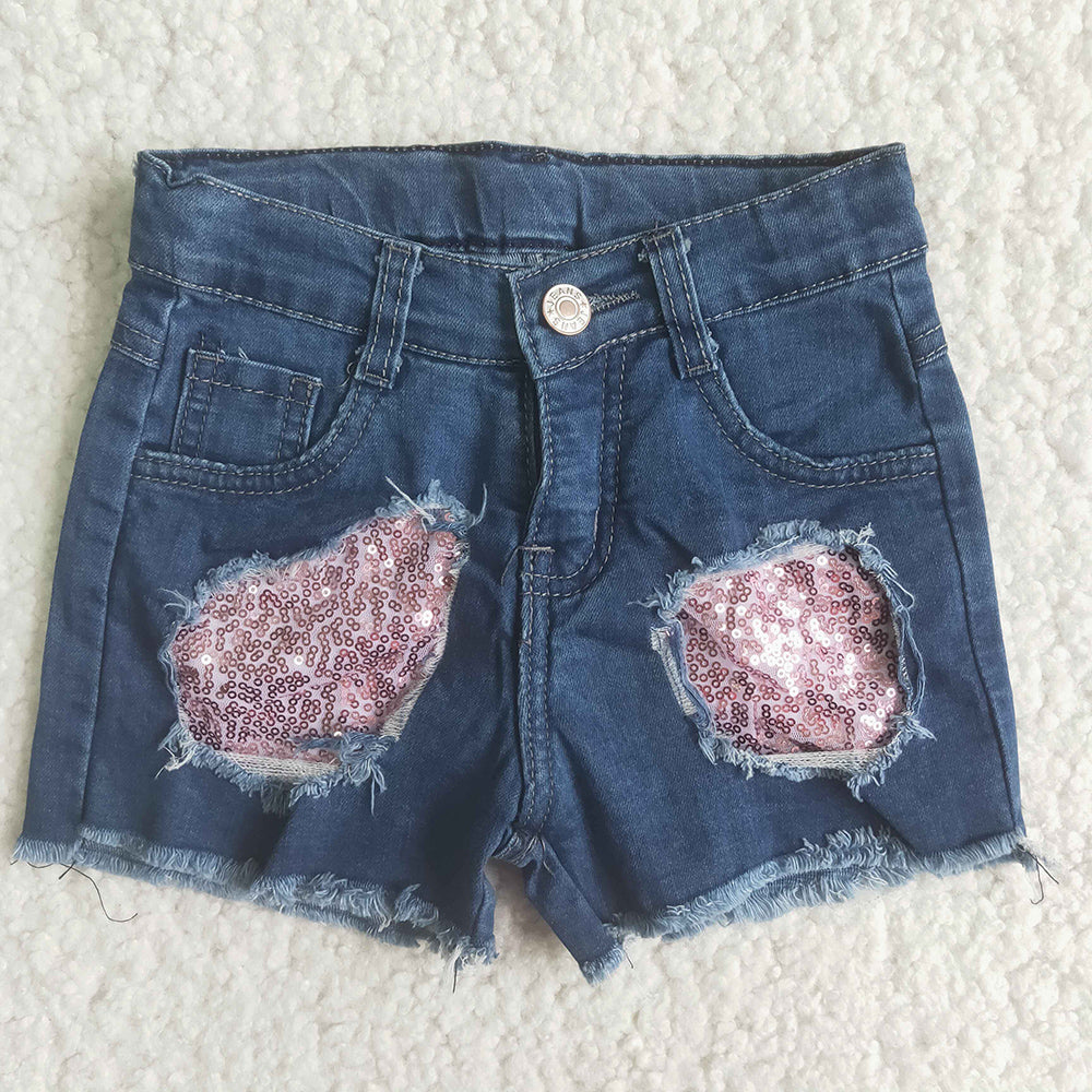 Baby Girls pink sequin navy denim shorts