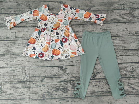 Fall baby girls green pumpkin tunic legging clothes sets