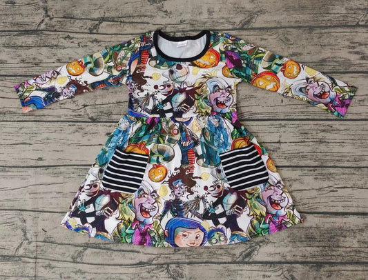 Baby girls Halloween cartoon pumpkin pocket knee length dresses