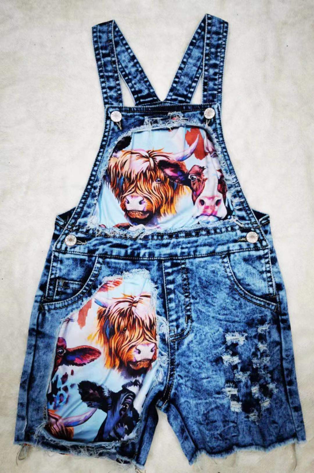 baby girls cow western denim summer shorts overalls