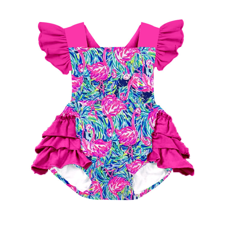 Baby girls flamingo floral ruffle romper bubbles
