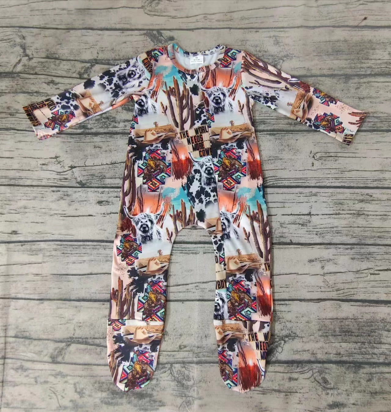 Baby kids fall zip cow cactus footie rompers