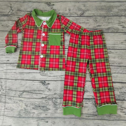 Baby boys Christmas red green plaid pajamas sets