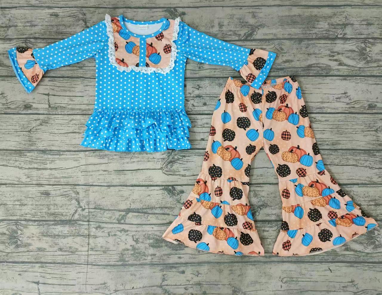 Baby girls pumpkin blue dots bib ruffle pants sets
