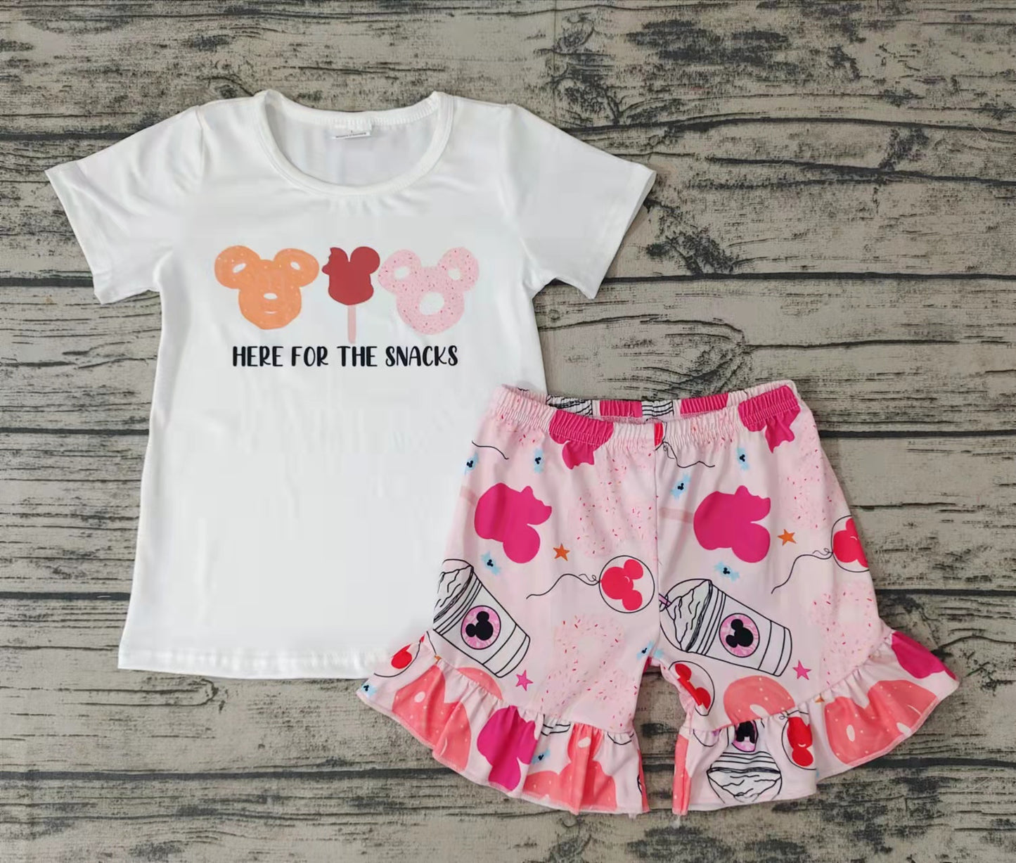 Baby girls here for the snacks summer shorts sets