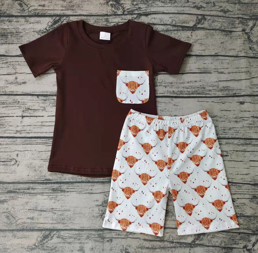 Baby boys brown top western highland pocket shorts sets