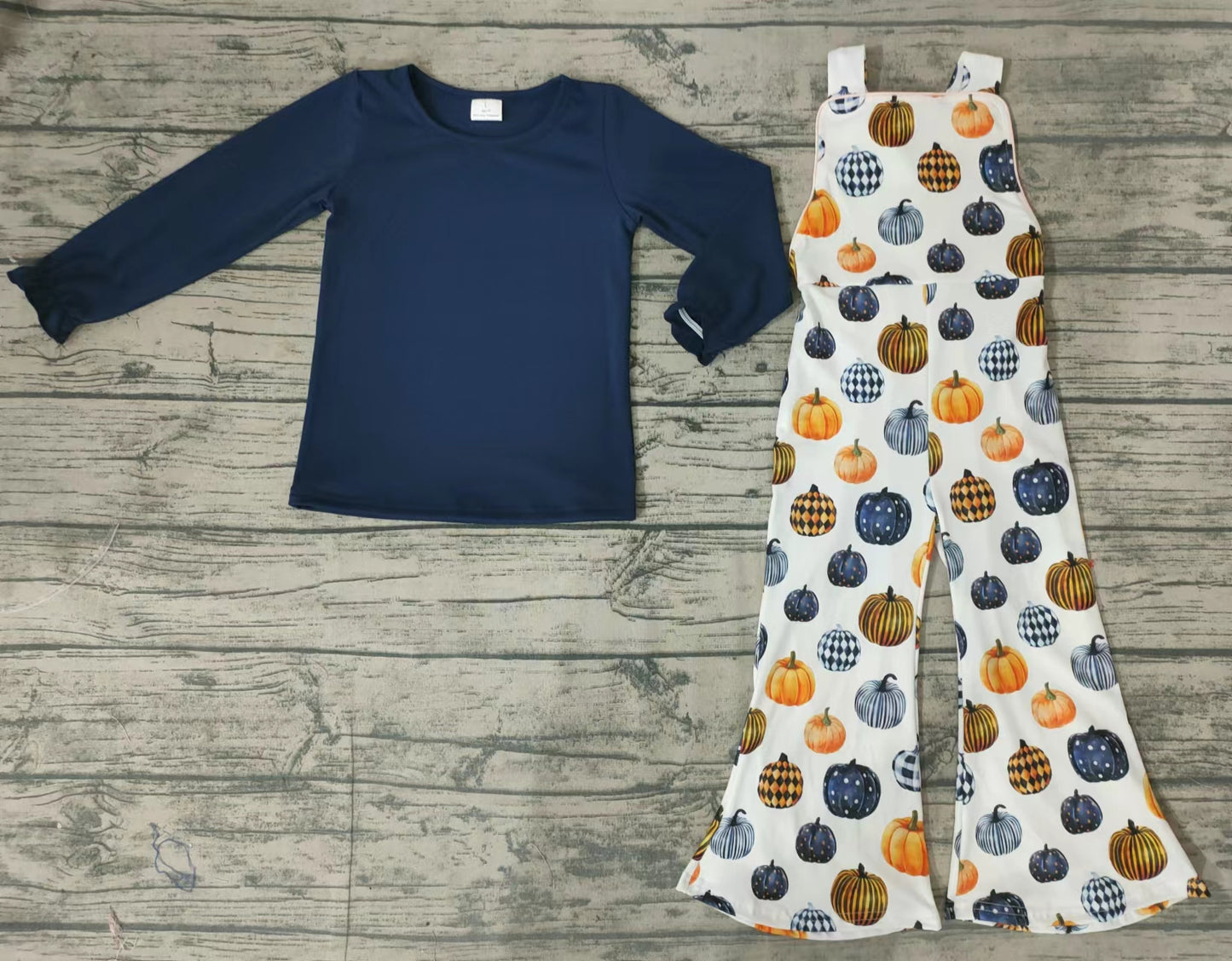 Baby girls navy top pumpkin overall fall clothes sets