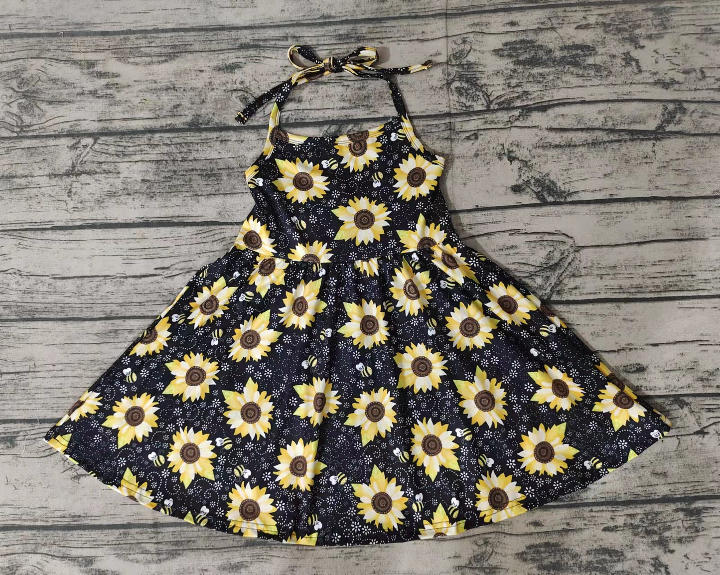 Baby girls sunflower halter knee length dresses