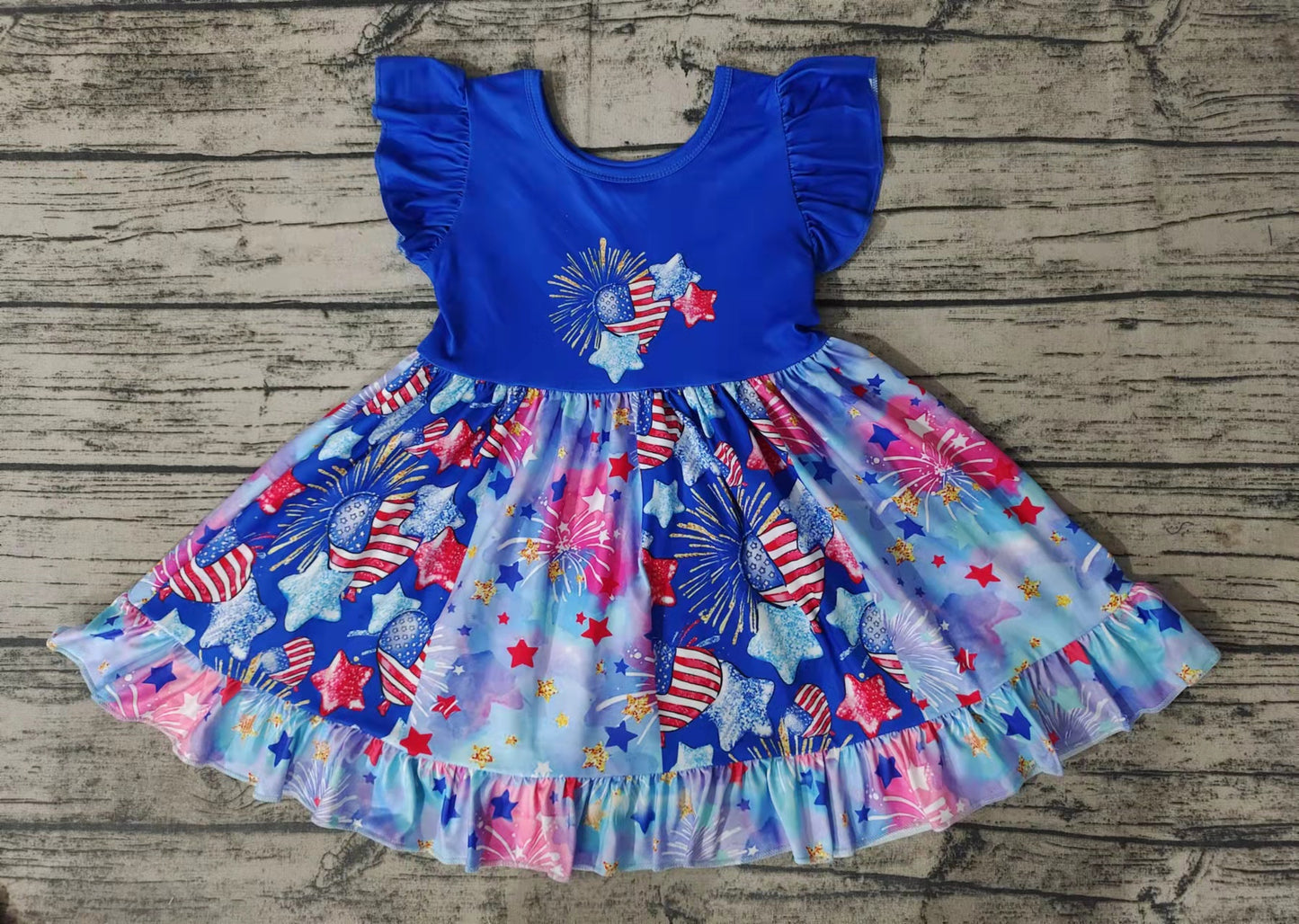 Baby Girls Firework Stars 4th of July Ruffle Knee Length Dresses