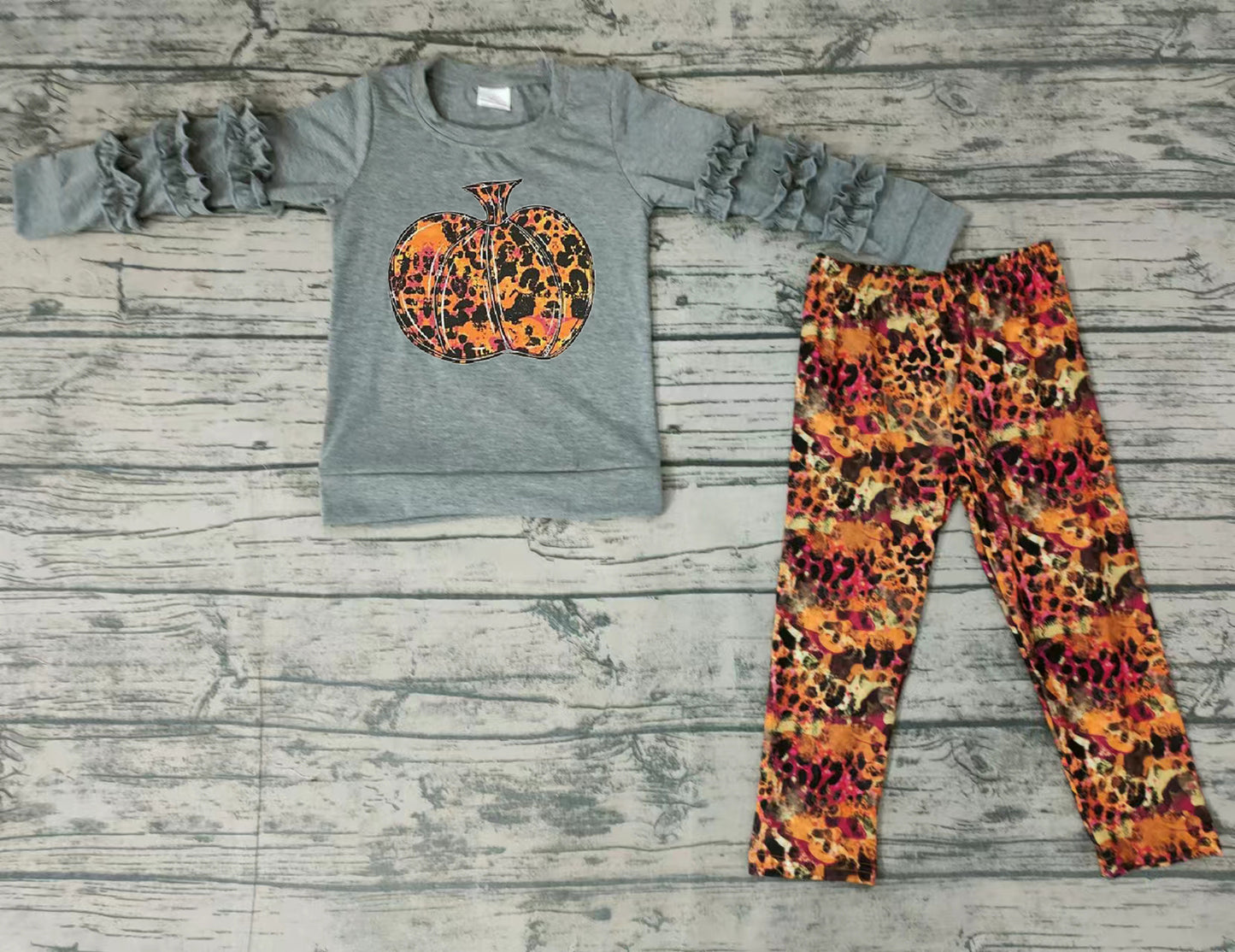 baby girls pumpkin grey top leopard legging pants sets