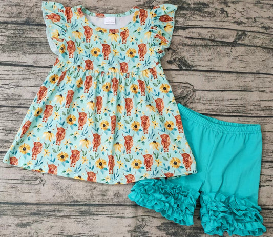 Baby girls green cow floral pearl summer shorts sets