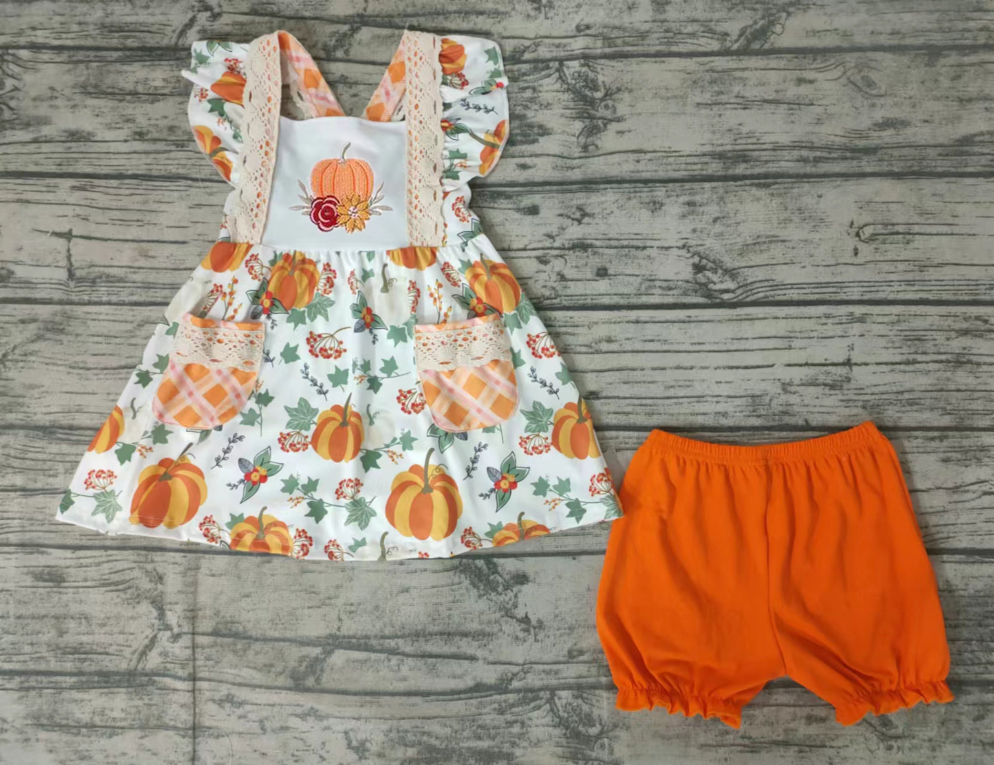 baby girls orange pumpkin floral shorts sets