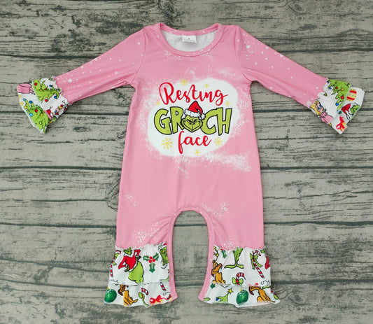 Baby girls pink Christmas cartoon ruffle rompers