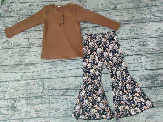 Baby girls brown cotton top floral bell pants clothes sets