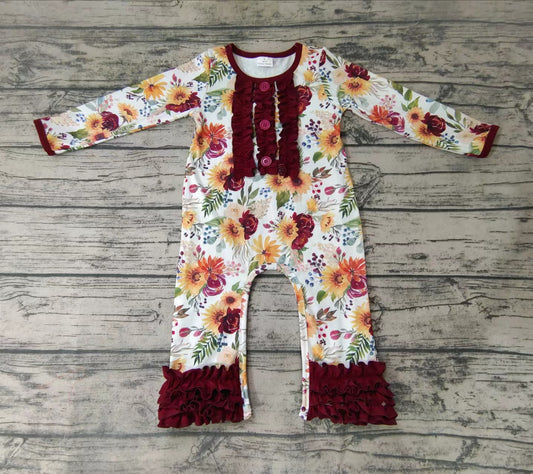 Baby girls maroon ruffle floral fall rompers