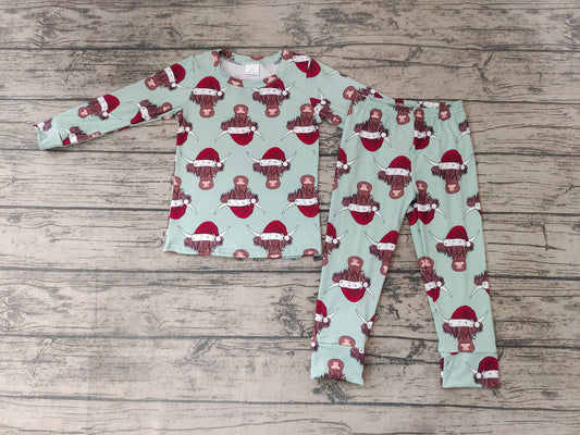 Baby Kids Christmas green cow pajamas clothing sets