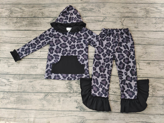 baby girls black leopard hood top ruffle pants sets