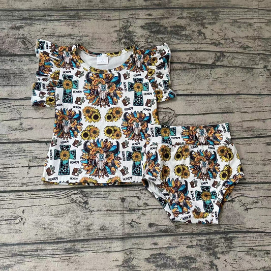 Baby girls western sunflower cow skull bummie sets