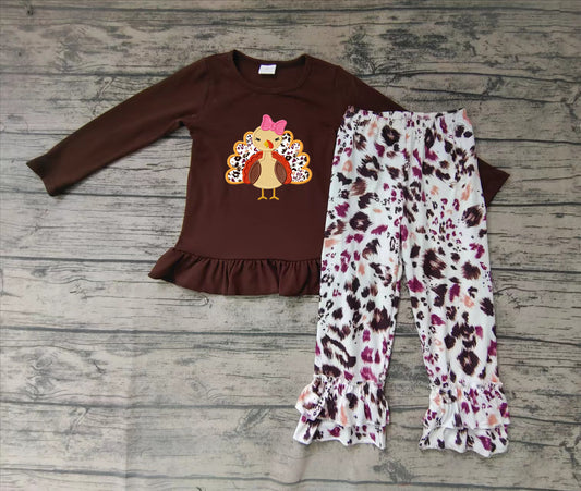 Baby girls brown thanksgiving turkey shirt leopard pants clothes