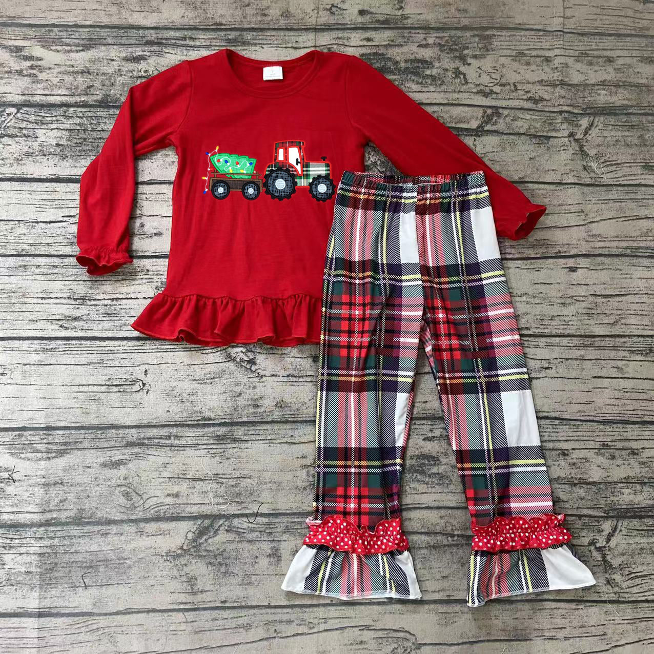 Baby girls Christmas plaid ruffle tractor shirt pants sets