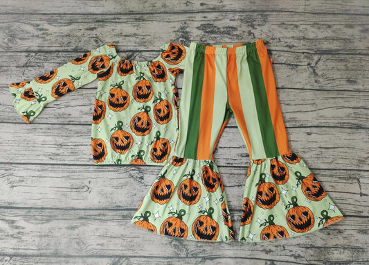Baby girls fall pumpkin halloween off shoulder top bell pants sets