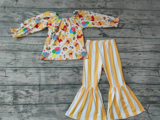 Baby girls Bear cartoon off shoulder top bell pants sets