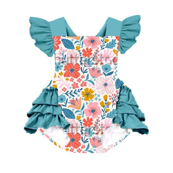 Baby girls green floral bubble ruffle rompers