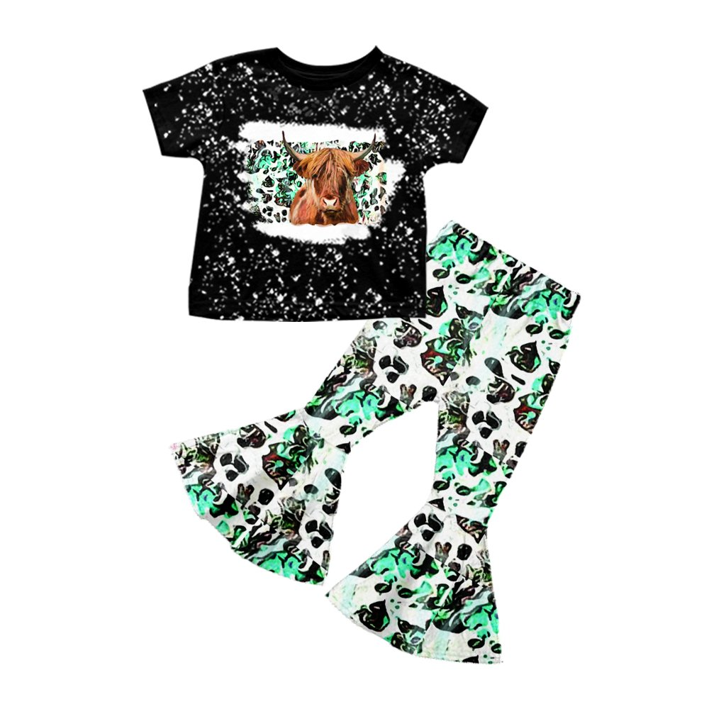 Baby Girls western green leopard cow bell pants clothes sets