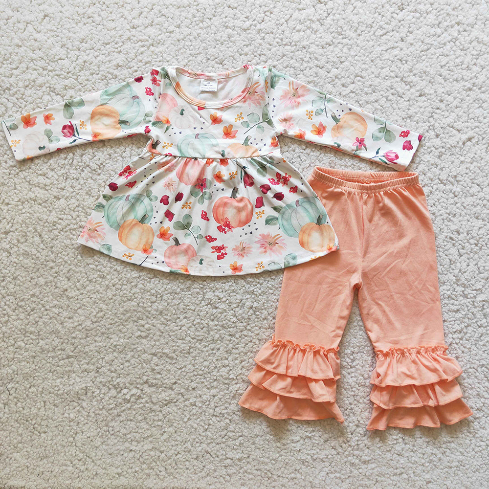Baby girls orange pumpkin tunic ruffle pants clothes sets