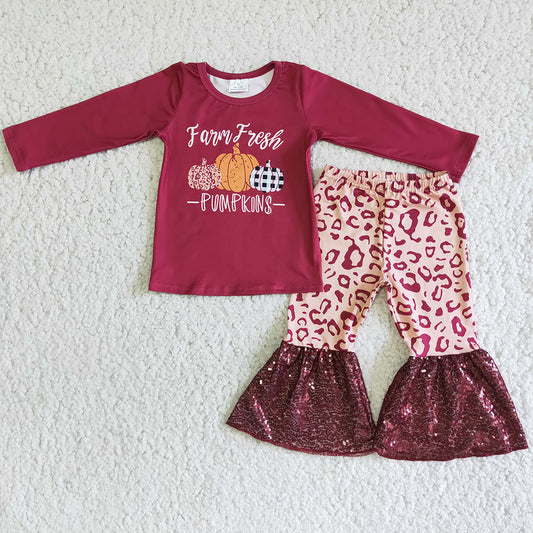 Baby girls farm fresh pumpkin leopard sequin pants sets