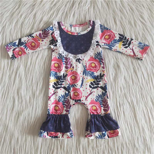 Baby Girls navy floral purple ruffle fall rompers