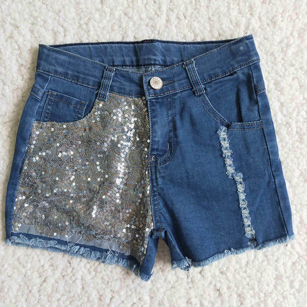 Baby Girls half sequin blue denim shorts