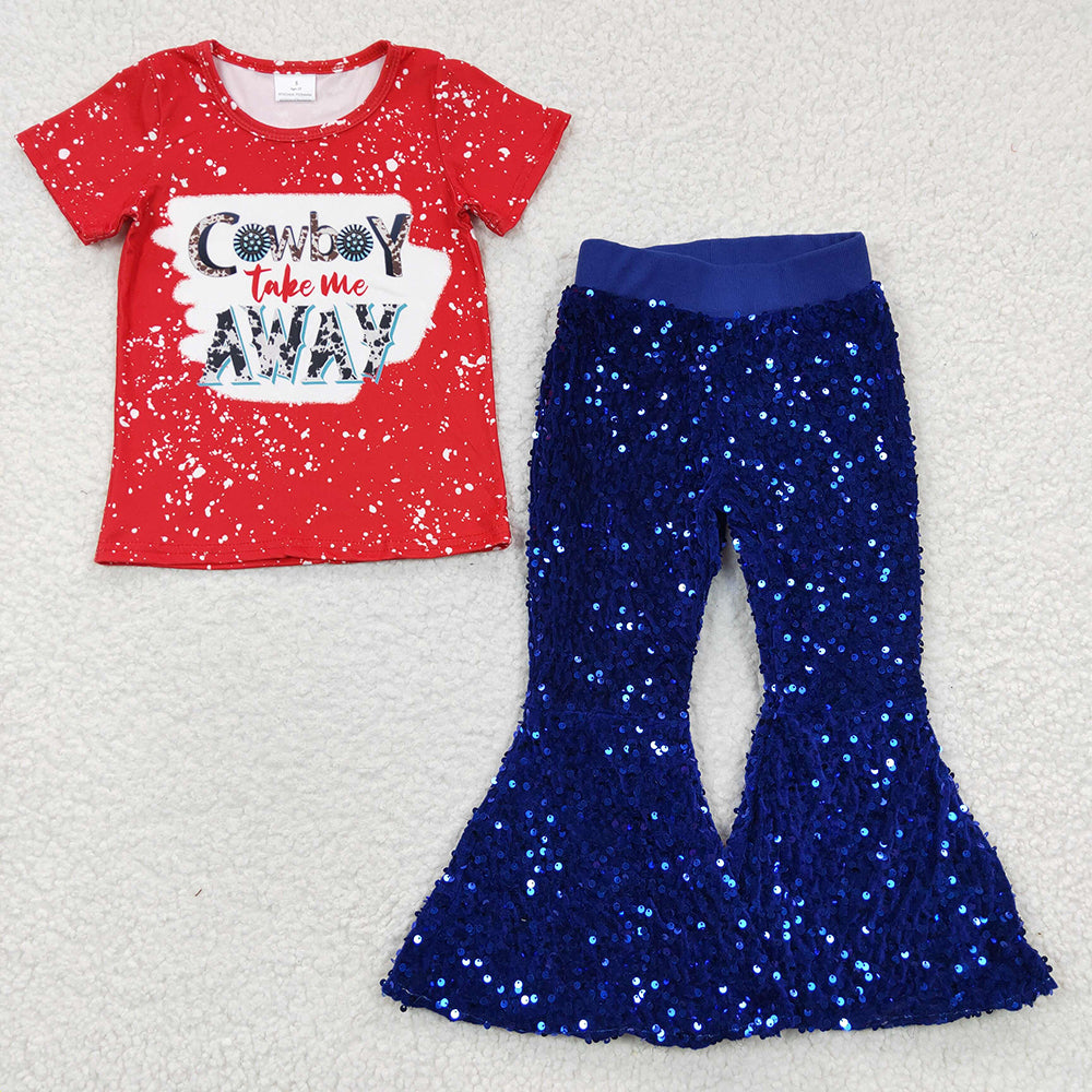 Baby Girls Cowboy Blue Sequin Pants Clothes Sets
