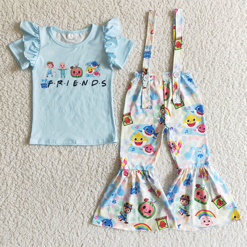 Baby Girls cartoon blue color suspender pants sets