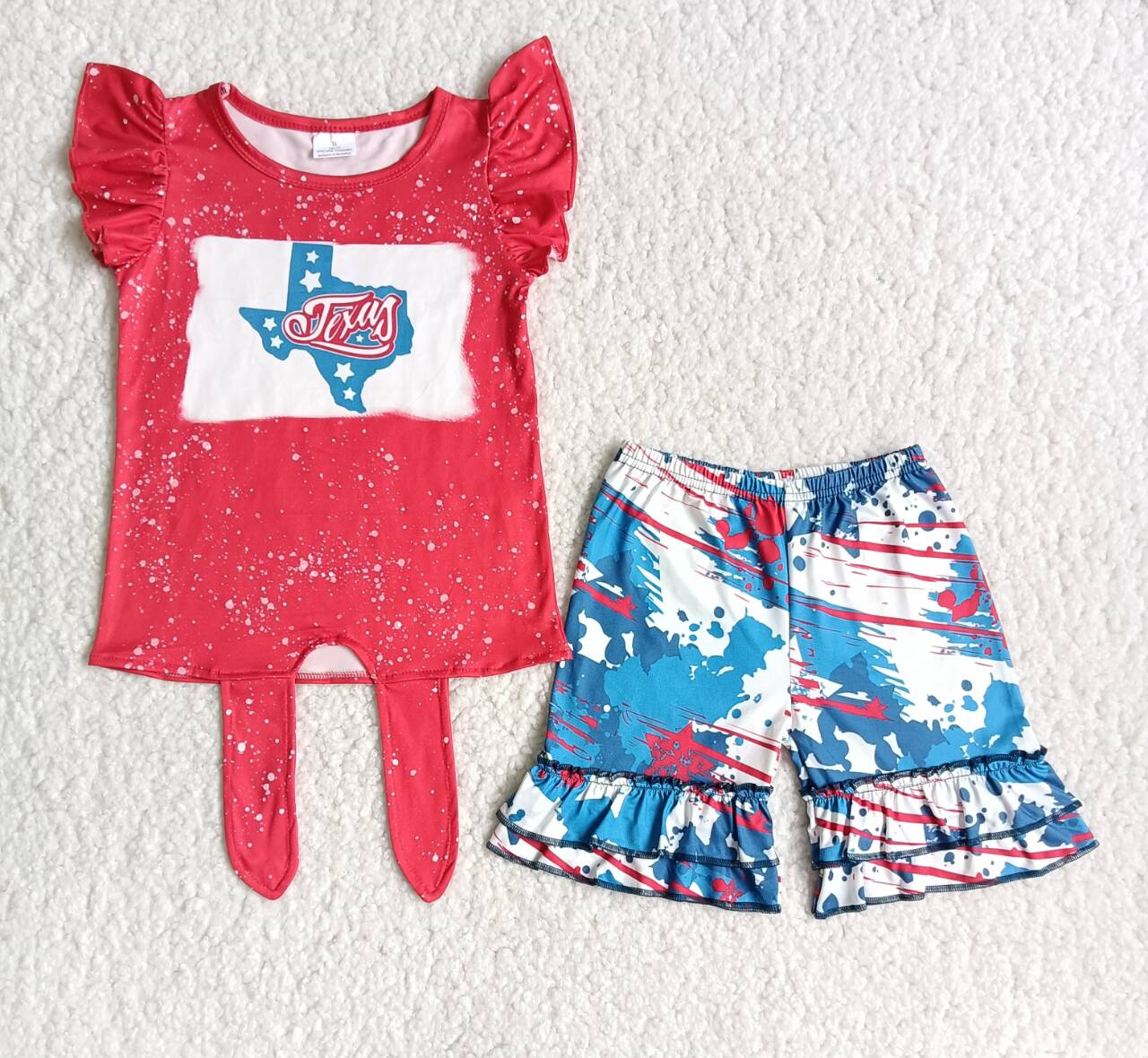 4th of July girls texas tie shirt top ruffle shorts sets