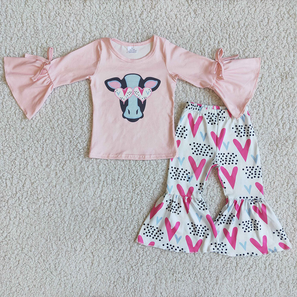 Baby girls cow heart bell pants clothes sets
