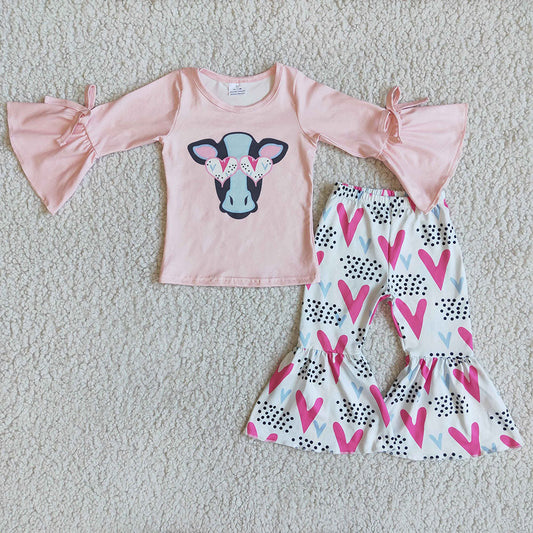 Baby girls cow heart bell pants clothes sets