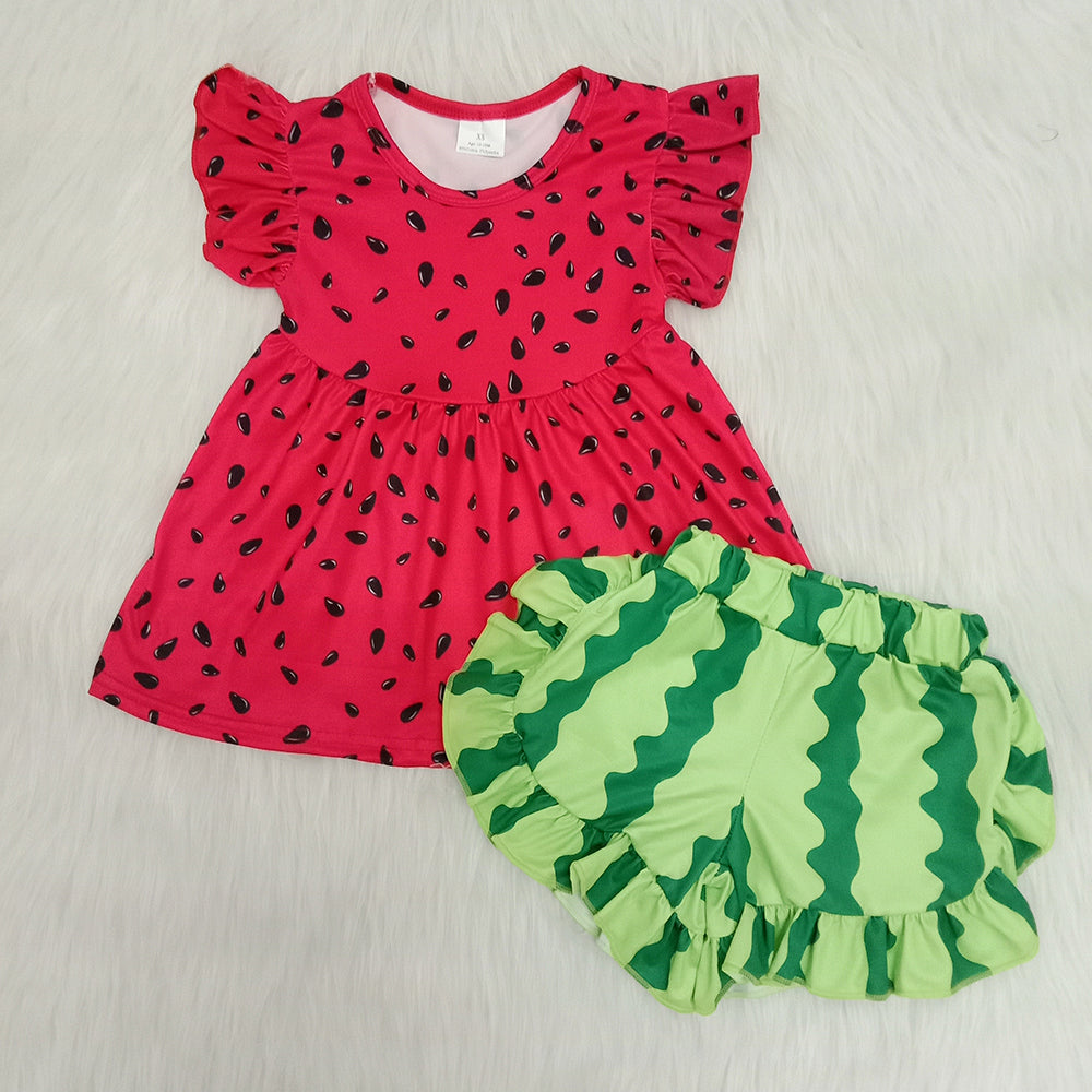 Watermelon high quality soft ruffle shorts set