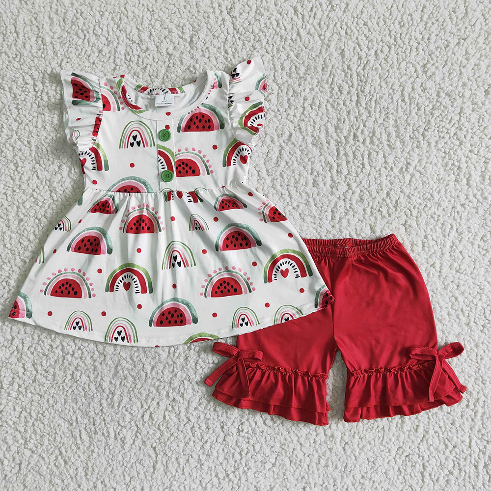 Baby girls summer watermelon red ruffle shorts sets