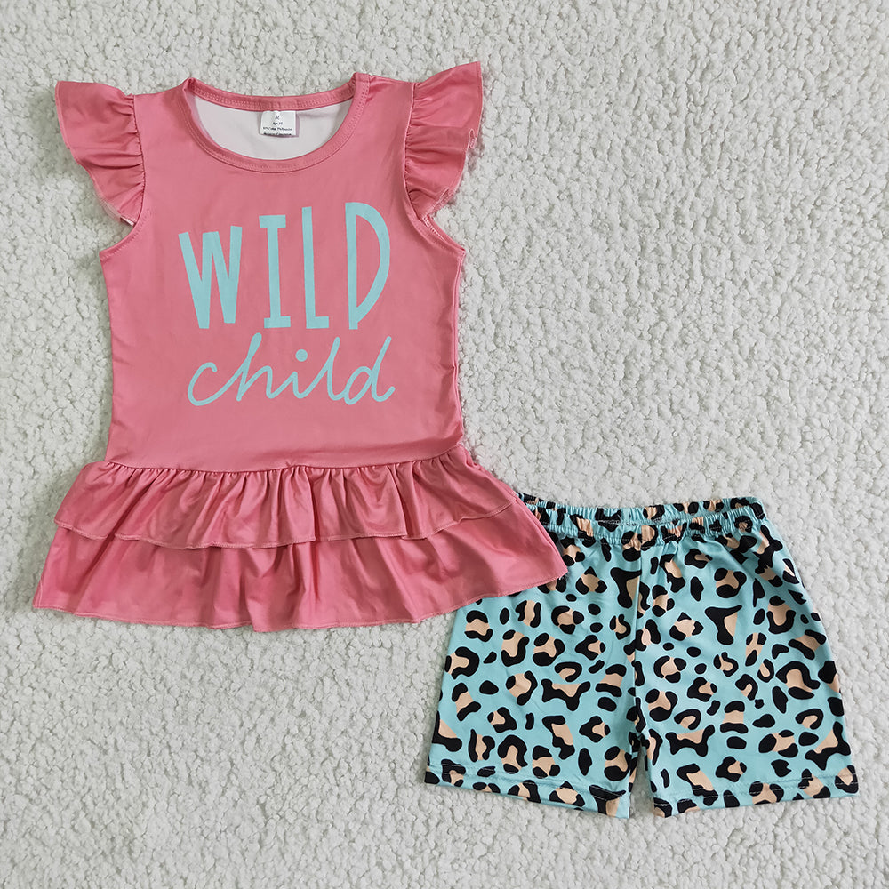 Baby girls wild child green leopard summer shorts sets
