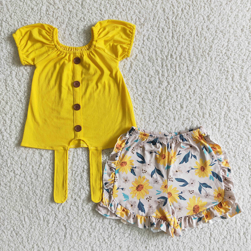 Baby girls yellow tie top floral ruffle shorts boutique outfits sets
